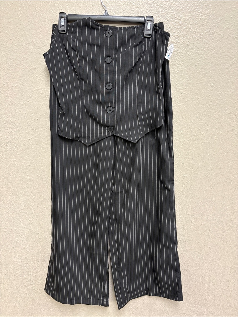 Women's Black Pinstripe Wide-Leg Pants with Buttoned Waist Panel with vest